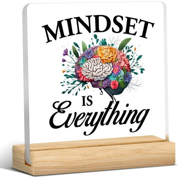 Positive Mindset Gifts for Coworker Colleague Friends Clear Desk Decorative Sign Mindset Is Everything Acrylic Plaque With Wooden Stand 4x4 Inch Floral Brain Mindset Sign Office Desk Decor
