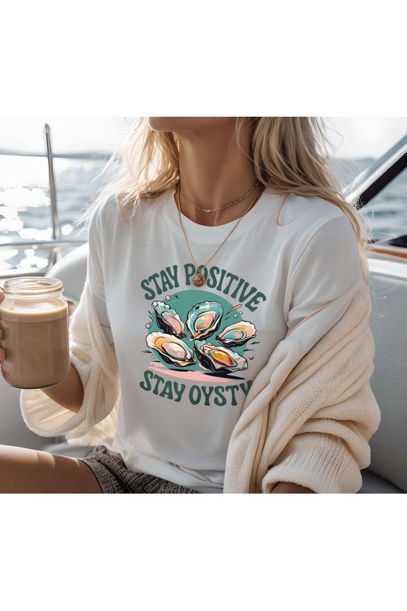 Positive Oyster Graphic Tee: Boho Retro Coastal Pun T-Shirt, Coastal Beach Pun Shirt, Ocean Sea Foodie Shirt,, Unisex T-Shirt