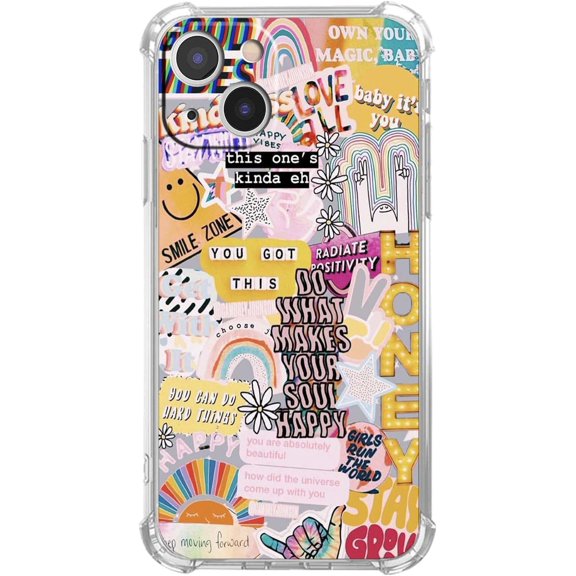 Positive Quotes Collage for iPhone 13 Case, Hippie Indie Aesthetic Pattern, Unique Soft TPU Bumper Case for iPhone 13
