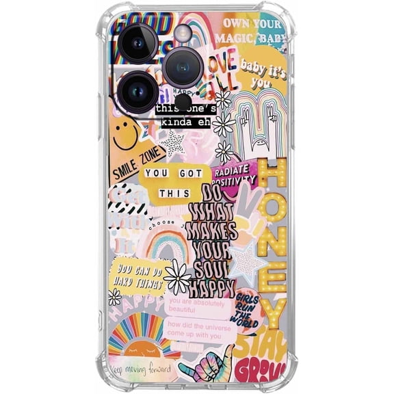 Positive Quotes Collage for iPhone 14 Pro Max Case, Hippie Indie Aesthetic Pattern, Unique Soft TPU Bumper Case for iPhone 14 Pro Max