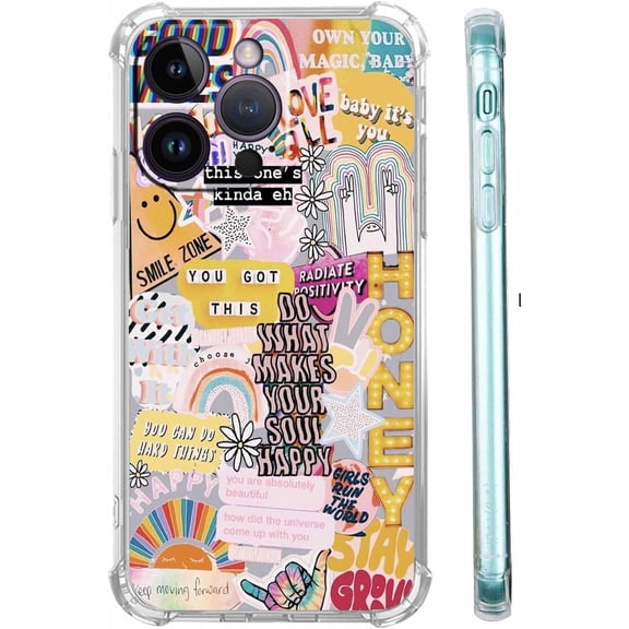Positive Quotes Collage for iPhone 15 Pro Max Case, Hippie Indie Aesthetic Pattern, Unique Soft TPU Bumper Case for iPhone 15 Pro Max