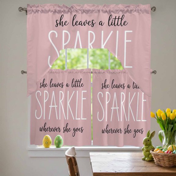 Positive Sentence Swag Curtains Valance & Tier Set, She Leaves A Little SPARKLE Wherever She Goes Pink 3 Pcs Set Kitchen Swag Valances and Tiers 36 Inch Length Rod Pocket Curtain Drapes for Bedroom