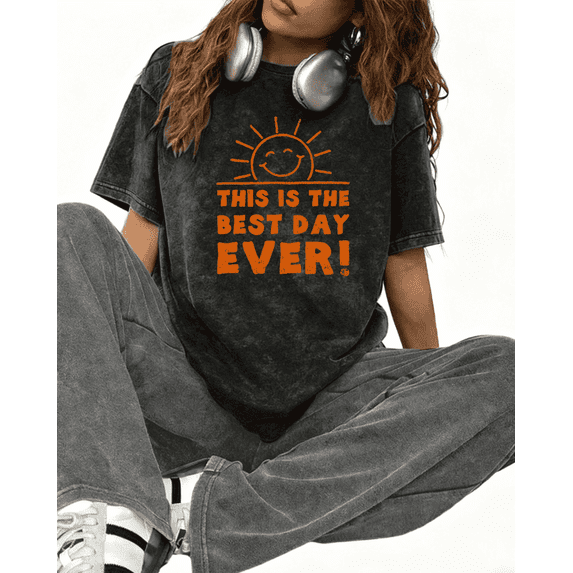 Positive Sun Quote Print Tshirt Graphic Tees Black Shirts Water Washed S-2XL Tops