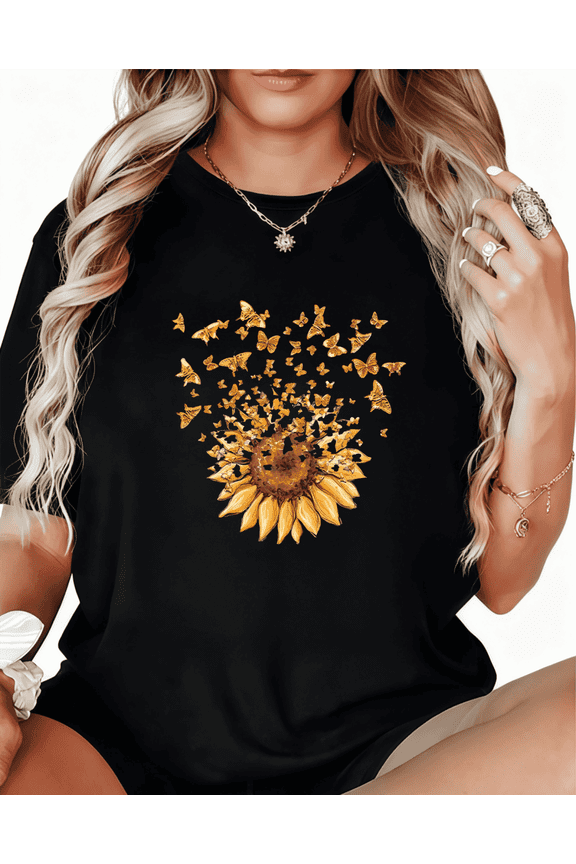 Positive Sunflower Butterfly Print Tshirt Graphic Tees Casual Shirts Black S-5XL Tops