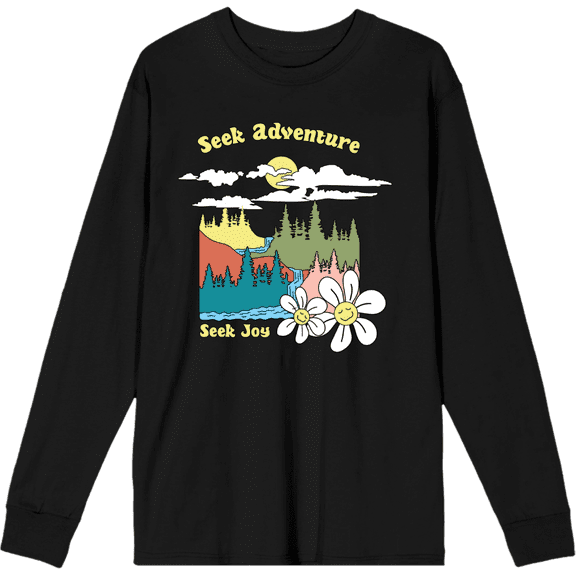 Positive Vibes Cloudy Forest Landscape Seek Adventure Seek Joy Crew Neck Long Sleeve Adult Tee-Medium-Black