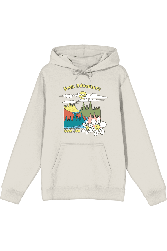 Positive Vibes Cloudy Forest Landscape Seek Adventure Seek Joy Long Sleeve Adult Hooded Sweatshirt-XL-Cream