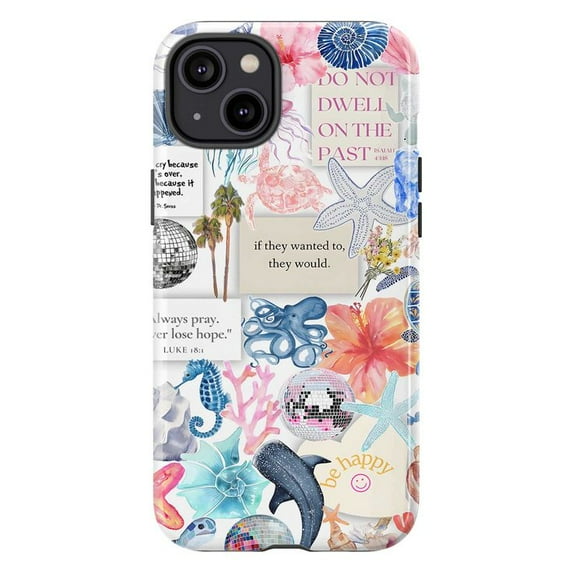 Positive Vibes Phone Case, Beachy Quotes & Tropical Collage iPhone Cover, Fun & Uplifting Design for iPhone 16 15 14 13 12 11 Pro Plus Max Mini