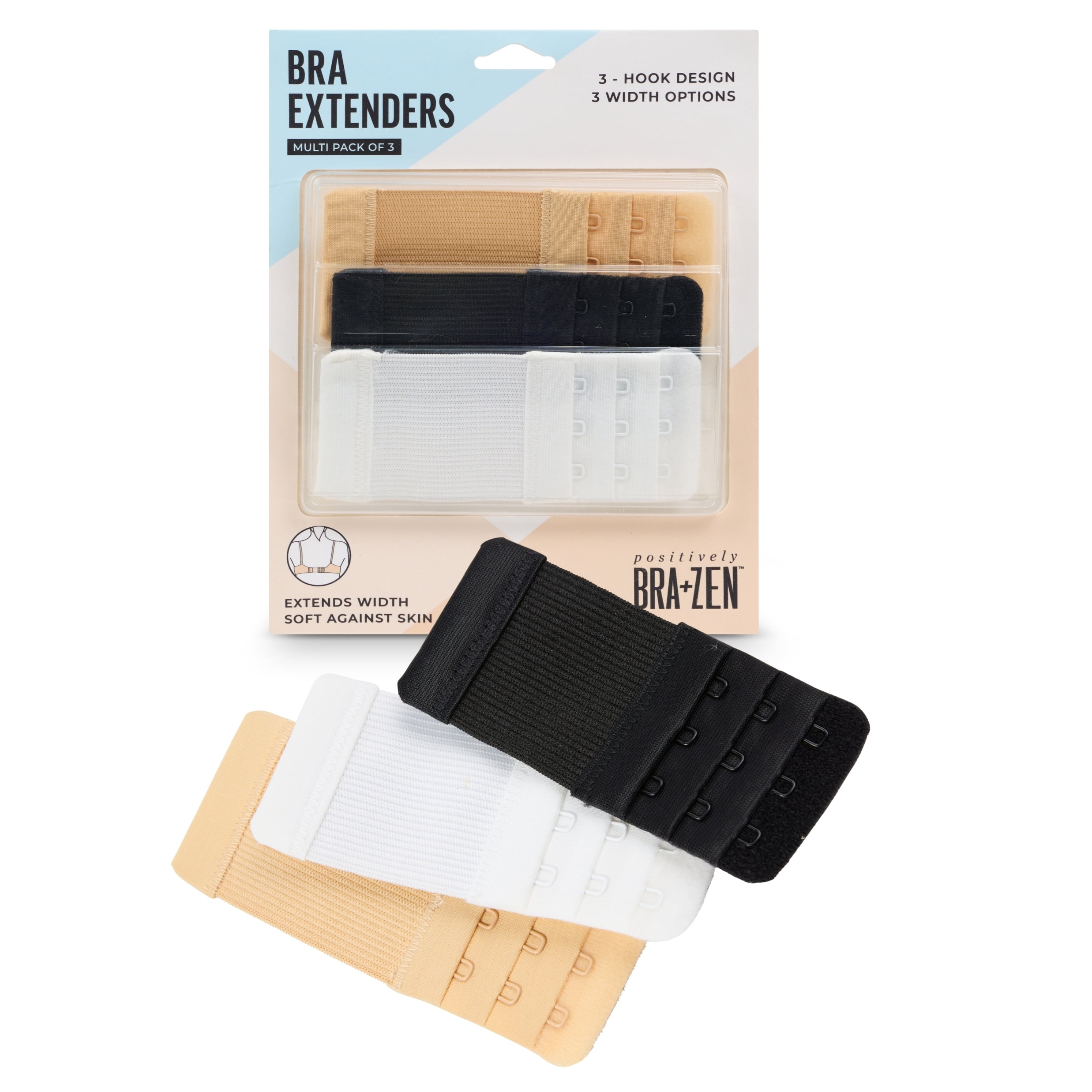 Positively BRA+ZEN Women's 3 Hook Bra Extender 3-Pack with White, Black, and Nude Colors