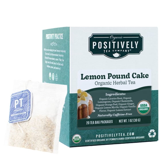 Positively Tea's Organic Lemon Pound Cake, Caffeine Free, Herbal Tea Bags, 120 CT Tea Bags 6 Boxes