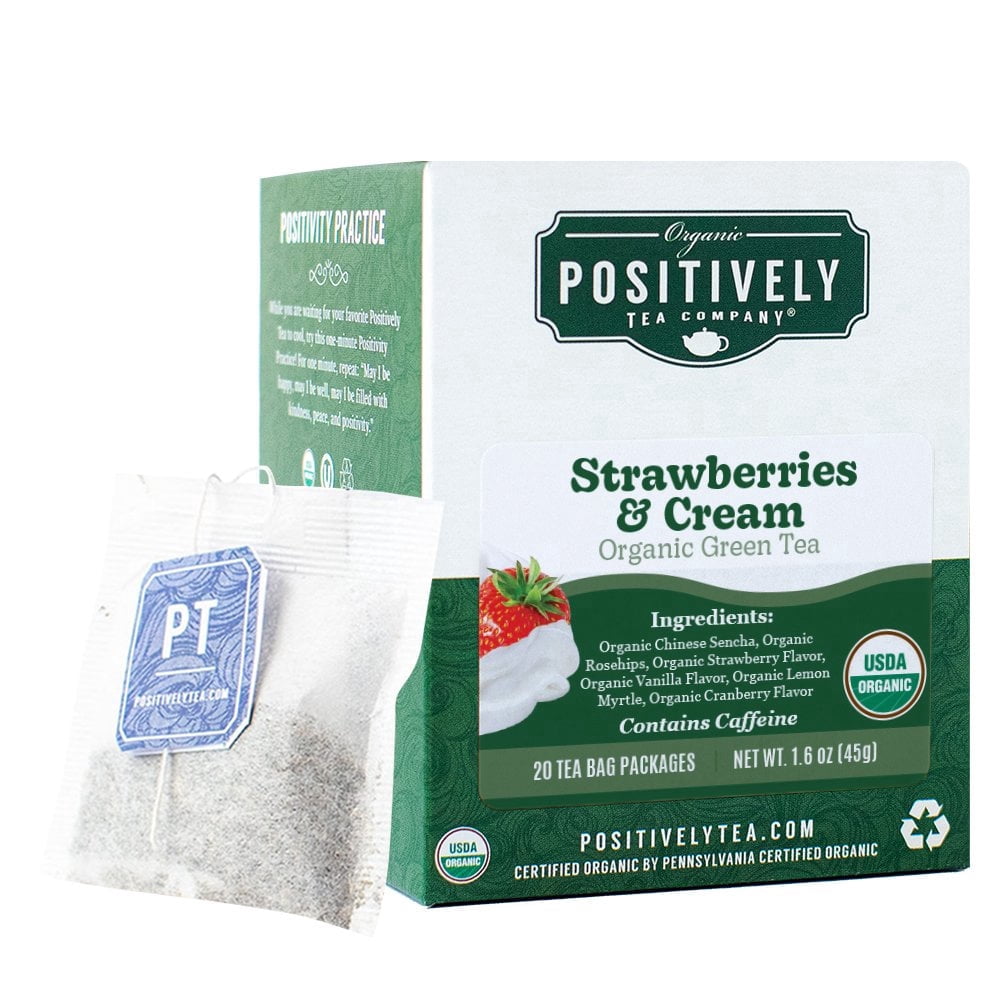 Positively Tea's Organic Strawberries and Cream Tea, Green Tea Bags, 120 CT Tea Bags 6 Boxes