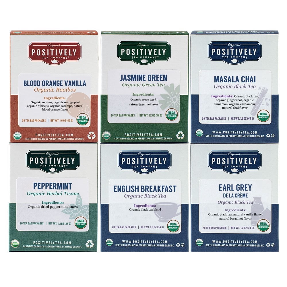 Positively Tea's Organic Tea Bag Sampler, 120 Ct Tea Bags 6 Boxes of 20