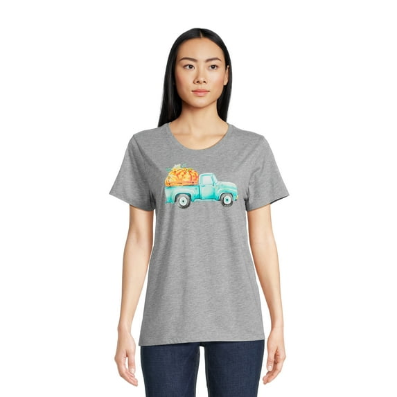 PositiviTees Women's Fall Graphic T-Shirt, Seasonal Short Sleeve Tee Pumpkin Pickup, Sizes S-3XL