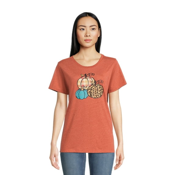 PositiviTees Women's Fall Graphic T-Shirt, Seasonal Short Sleeve Tee Pumpkin Trio, Sizes S-3XL