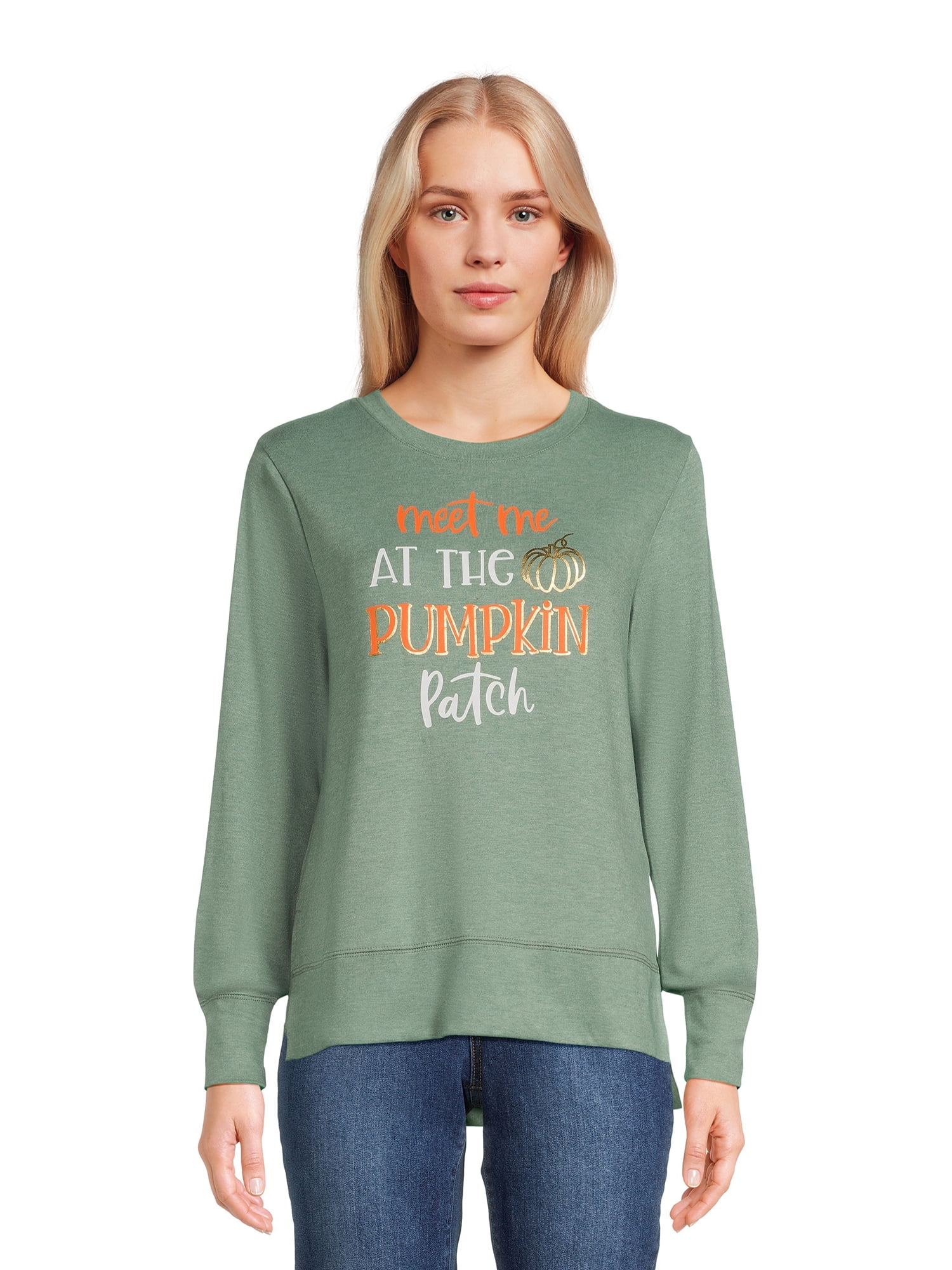 Positivitees Women's Fall Graphic Tee, Long Sleeve TShirt Pumpkin