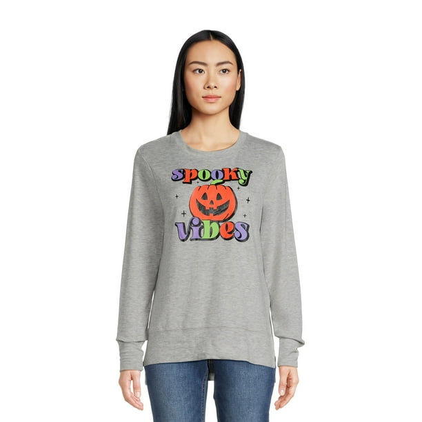 Positivitees Women's Fall Graphic Tee, Long Sleeve TShirt Spooky Vibes