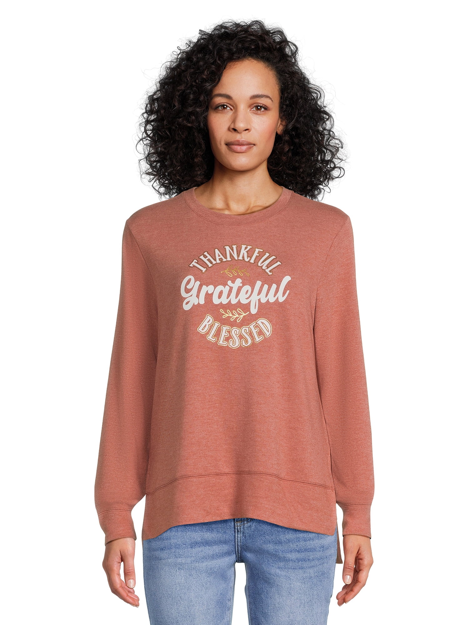 Positivitees Women's Fall Graphic Tee, Long Sleeve TShirt Thankful