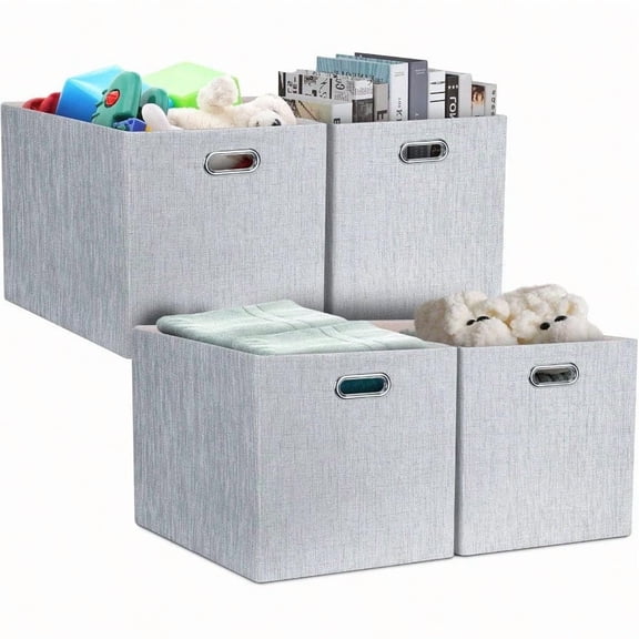 Posprica 13x15x13in Collapsible Storage Bins Fabric Foldable Cube Storage Boxes Decorative Storage Baskets Organizer For Kallax Shelves Closet Clothes Toy Set Of 4Grey