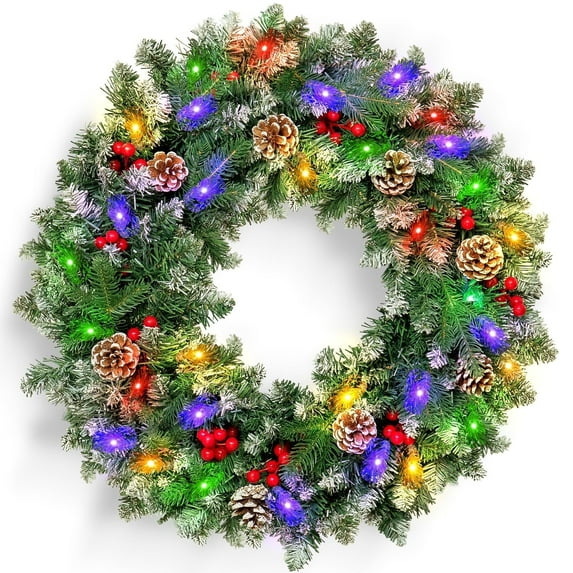 Posrue 24" Pre-Lit Christmas Wreaths, Outdoor Lighted Christmas Wreath for Front Door, Christmas Red Berries, Pine Cones Wreath, Xmas Wreath Decor for Window Fireplace Indoor, Green