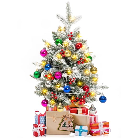 Posrue 24-inch Tabletop Christmas Tree, Lighted Artificial Flocked Xmas Tree for Indoor Outdoor Christmas Holiday Decor