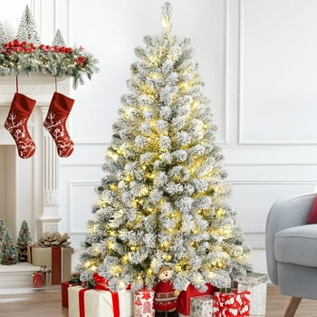 Qunler Christmas Tree, 4FT Pre-Lit Hinged Christmas Tree with 360 Tips, Snow Artificial Xmas Tree with 120 Multicolor & Warm White LED Lights for Holiday, Outdoor, Indoor, Home
