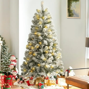 Posrue 4FT Pre-Lit Flocked Christmas Tree with 360 Branch Tips, Snow Artificial Xmas Tree with 100 LED Lights for Holiday, Outdoor, Indoor, Home