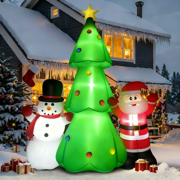 8Ft Inflatable Christmas Tree with Santa Claus and Snowman, Built-in Bright LED Lights for Outdoor Yard Garden Holiday Decoration