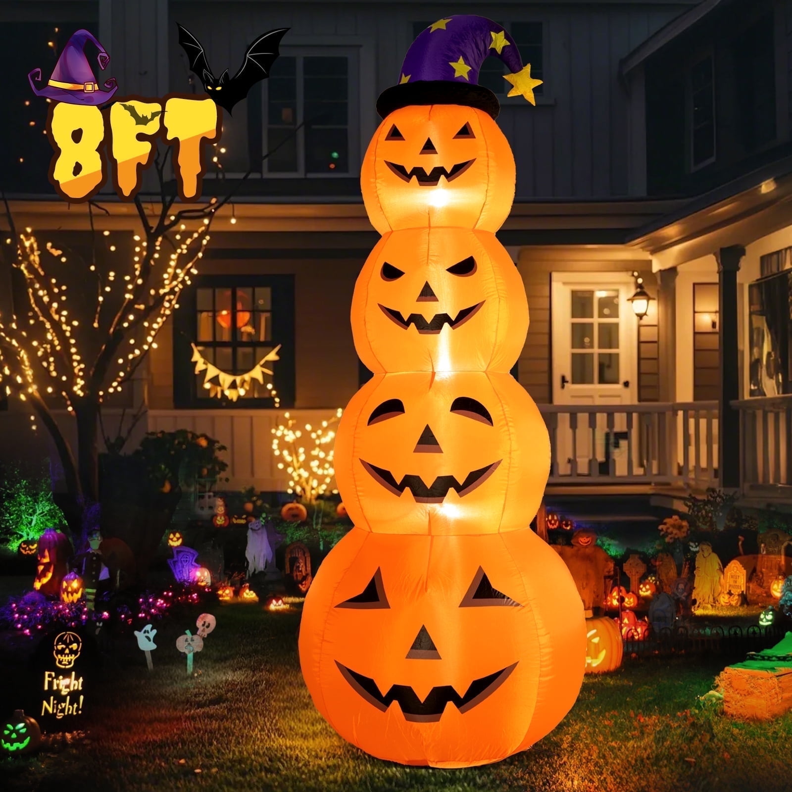 Melliful 8 Ft Halloween Inflatable, Stacked Pumpkins with Witch Hat ...