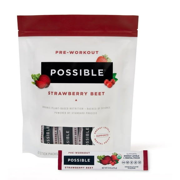 Possible Beet Pre-Workout - Strawberry Beet Flavor - Individually Wrapped Servings - Contains B-Vitamins and Green Tea Caffeine Extract - Source of Nitrates - 1 Bag, 20 Stick Packs
