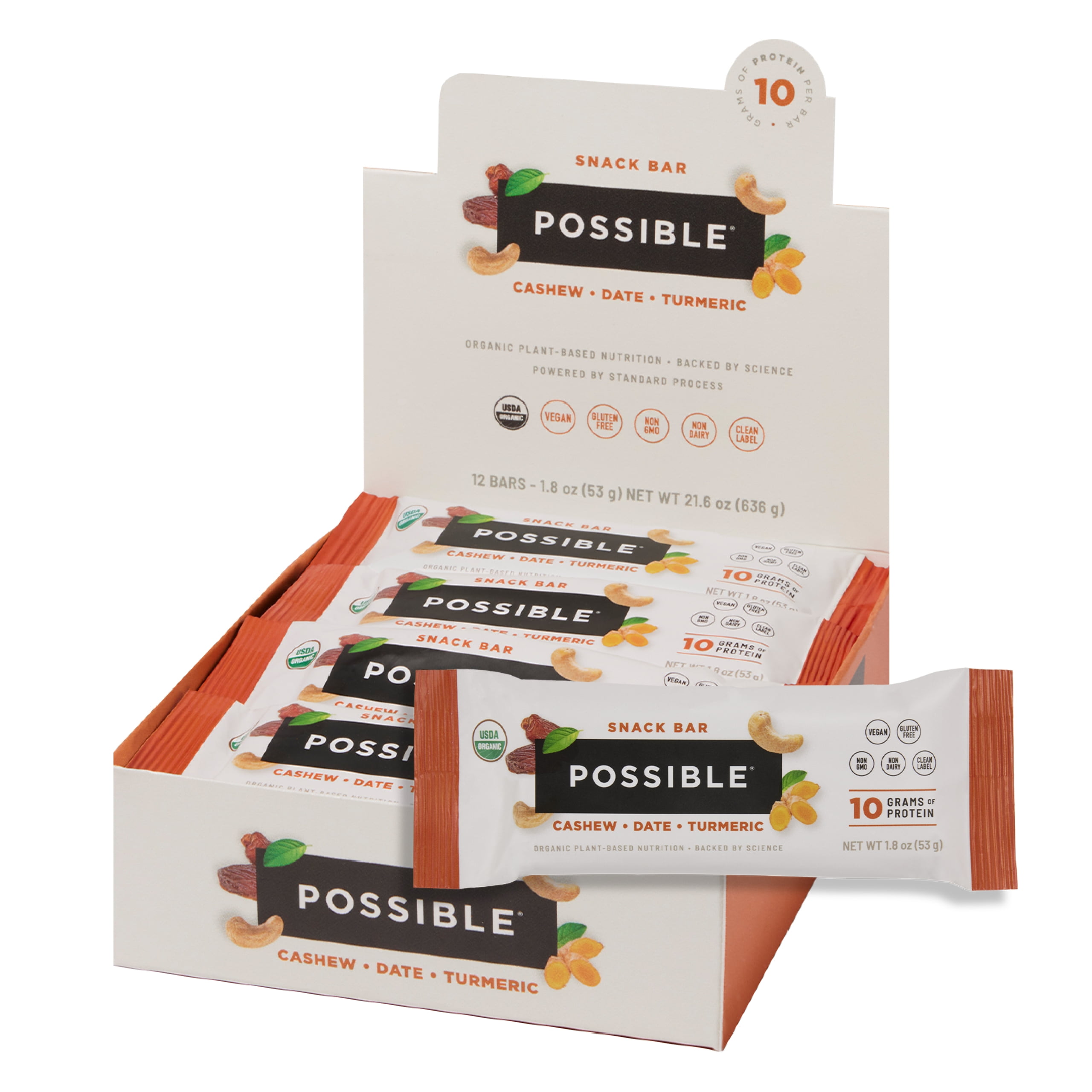 Possible Snack Bar - Organic Energy Bars with 10g of Plant-Based Protein - Vegan, Gluten-Free, Non-Dairy, USDA Organic - Healthy Fats - Clean Label - 1 Box, 12 Servings - Cashew Date Turmeric