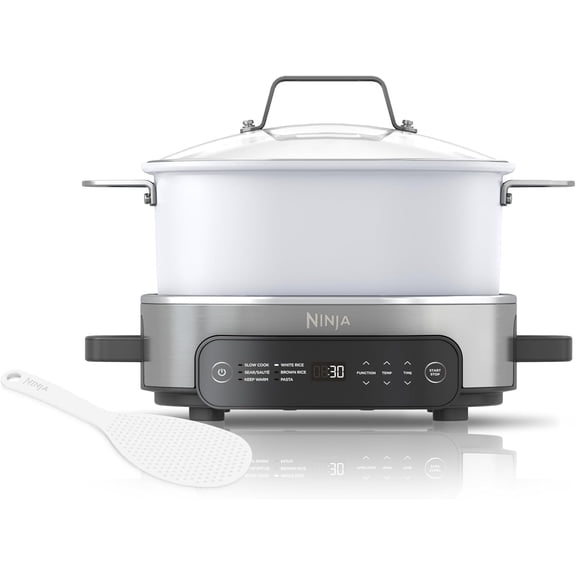 PossibleCooker PRO 6.5Qt Multicooker 8 in 1 Slow Cooker, Dutch Oven, Steam Bake Roast Sear Saut Bread Maker Warmer, Glass Lid, Integrated Spoon, Nonstick (WHITE)