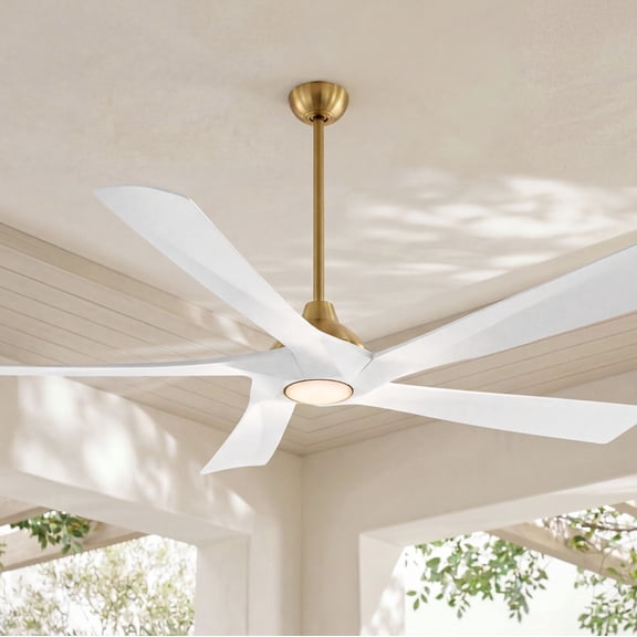 Possini Euro Design 60" Eloquent Indoor Outdoor Ceiling Fan 5 Blade LED Light Remote Control Brass Finish White Blades Damp Rated