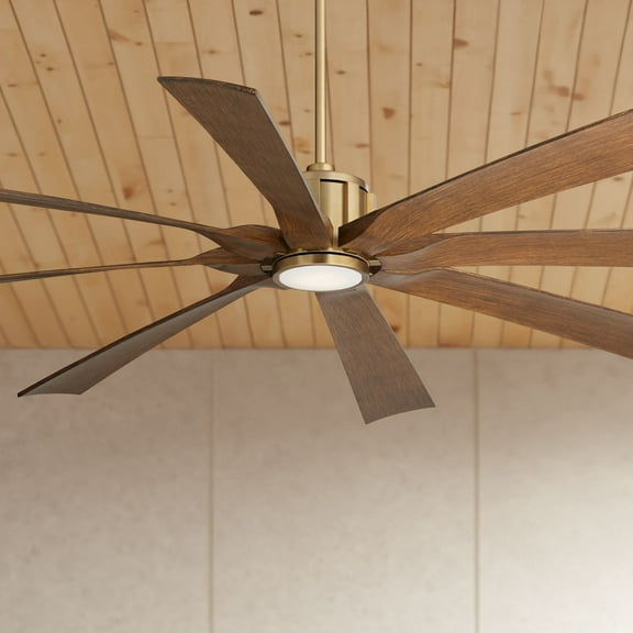 Possini Euro Design 70" Defender Indoor Outdoor Ceiling Fan 8 Blade LED Light Remote Control Soft Brass Motor Koa Finish Blades Damp Rated