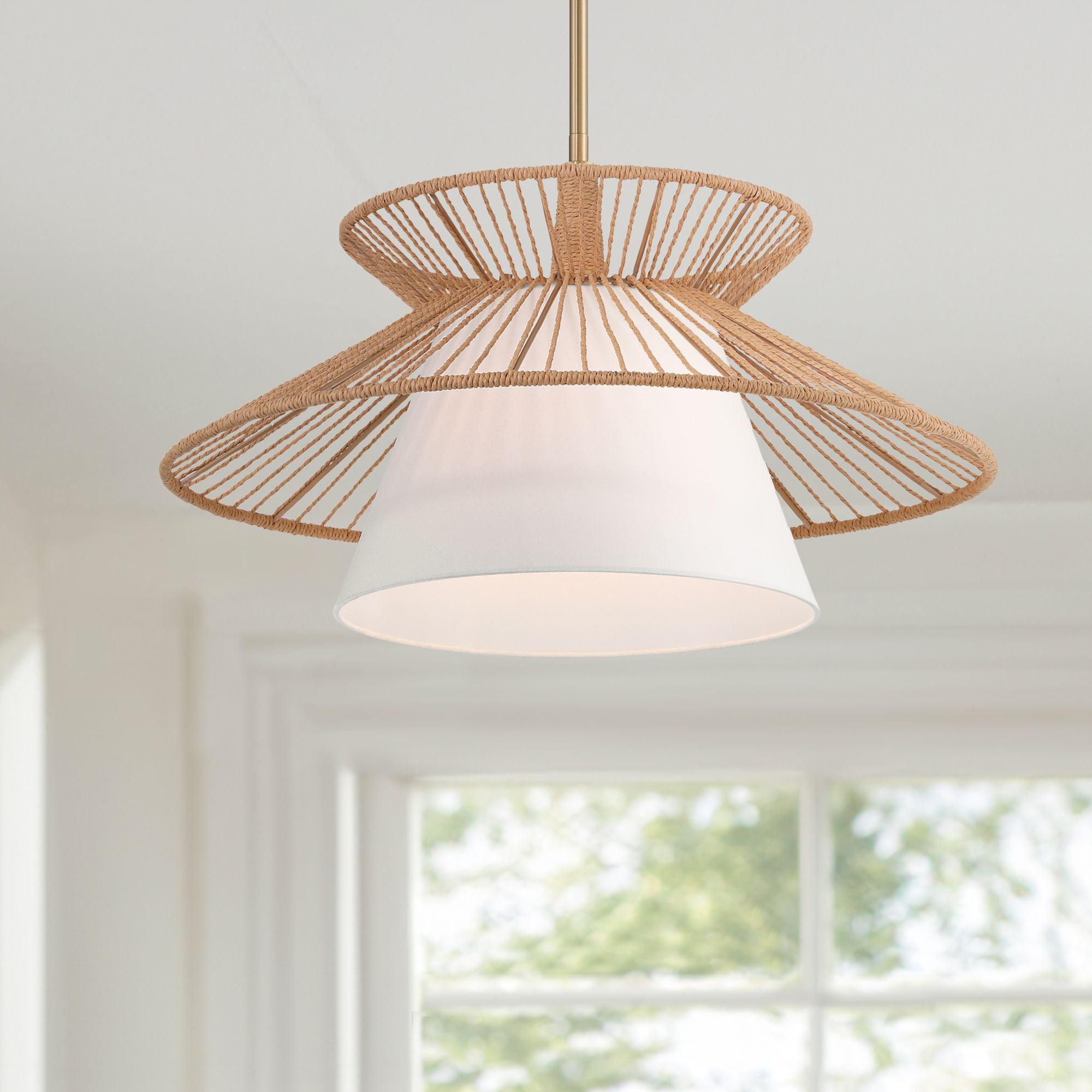 Possini Euro Design Aire 24" Mid Century Modern Pendant Chandelier Ceiling Light Fixture Dining Room Over Table Gold Finish Rope Fabric