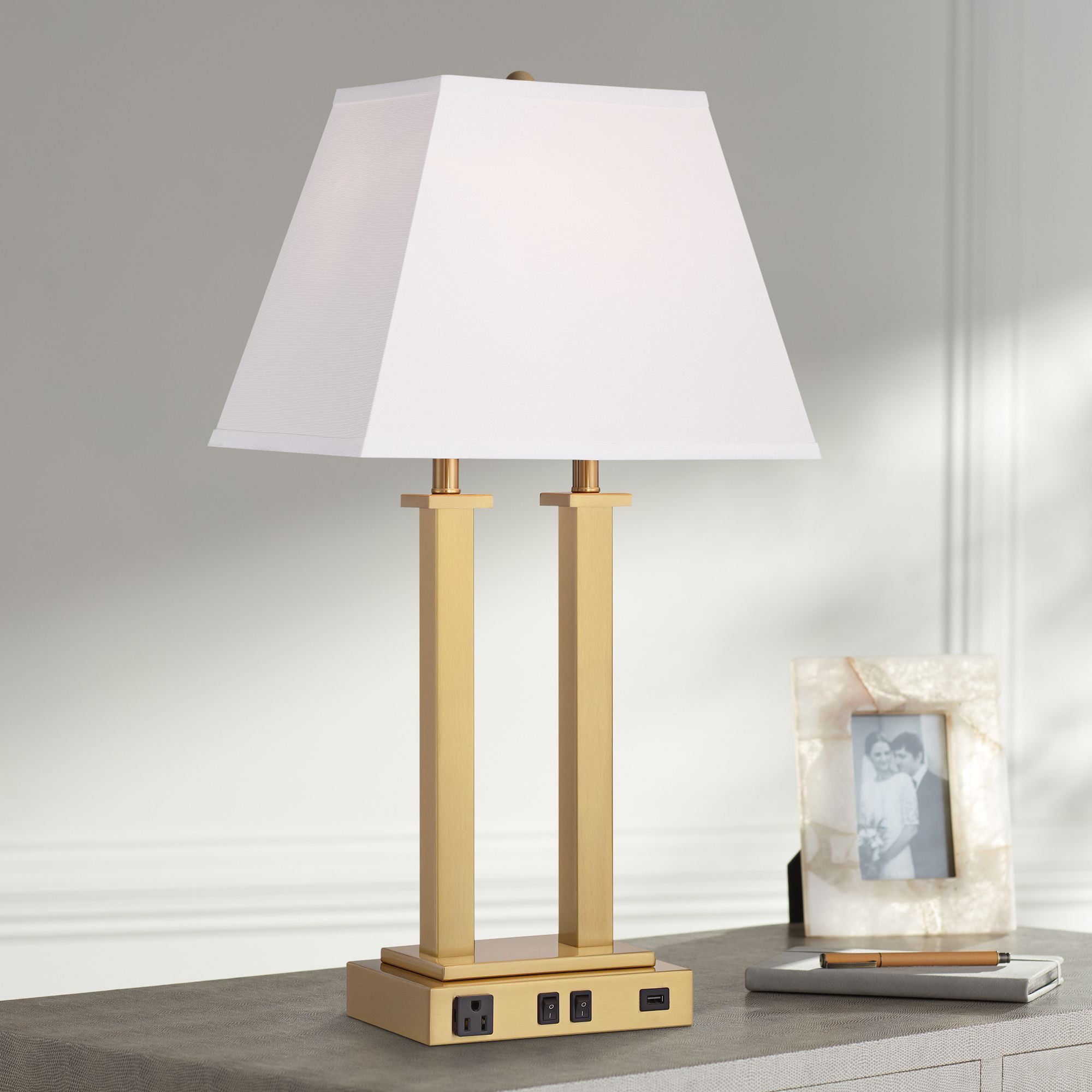 Modern Gold Metal Desk Lamp with White Linen Shade