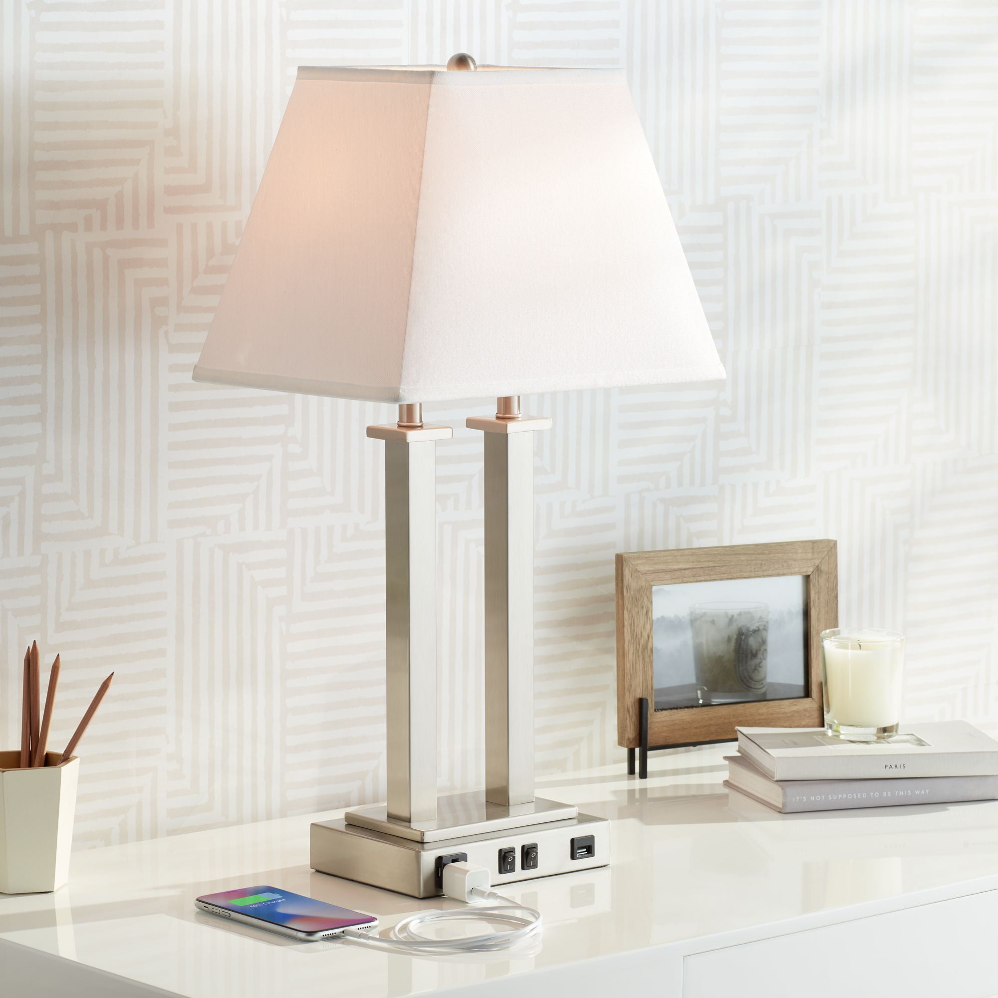 Brushed Nickel Table Lamp with USB and White Linen Shade