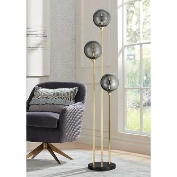 Possini Euro Design Arielle Mid Century Modern 67" Tall Standing Floor Lamp Tree Gold Metal Brass Finish Bubble Glass Gray Shade