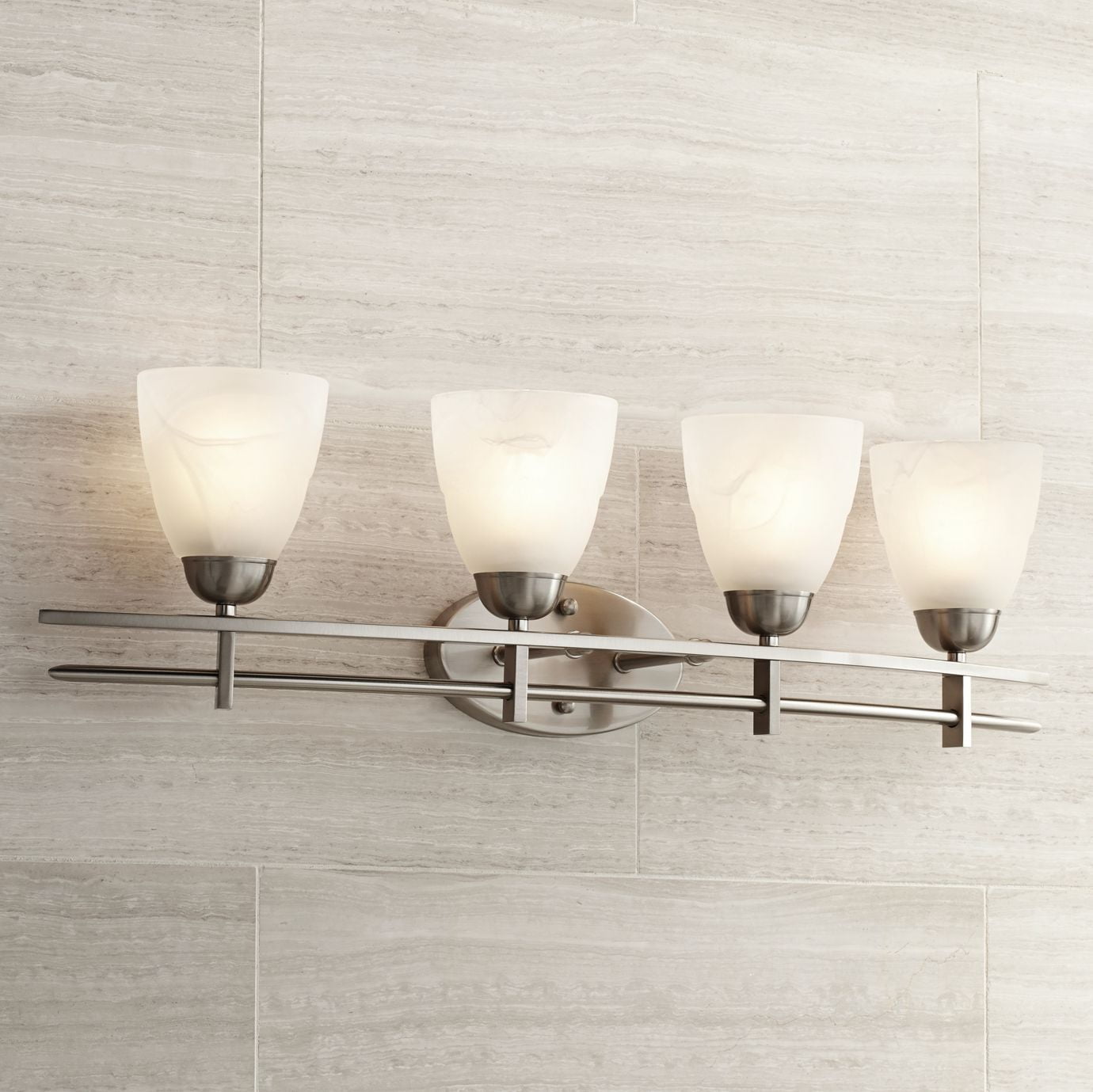 Brushed Nickel 33" Wide 4-Light Vanity Fixture with Marbleized Glass Shades