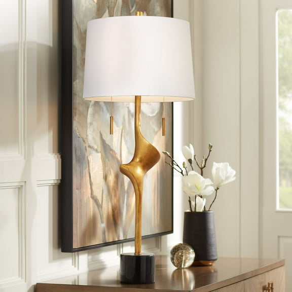 Possini Euro Design Athena 33 1/2" Tall Large Modern End Table Lamp Pull Chain Gold Leaf Finish Metal Living Room White Shade