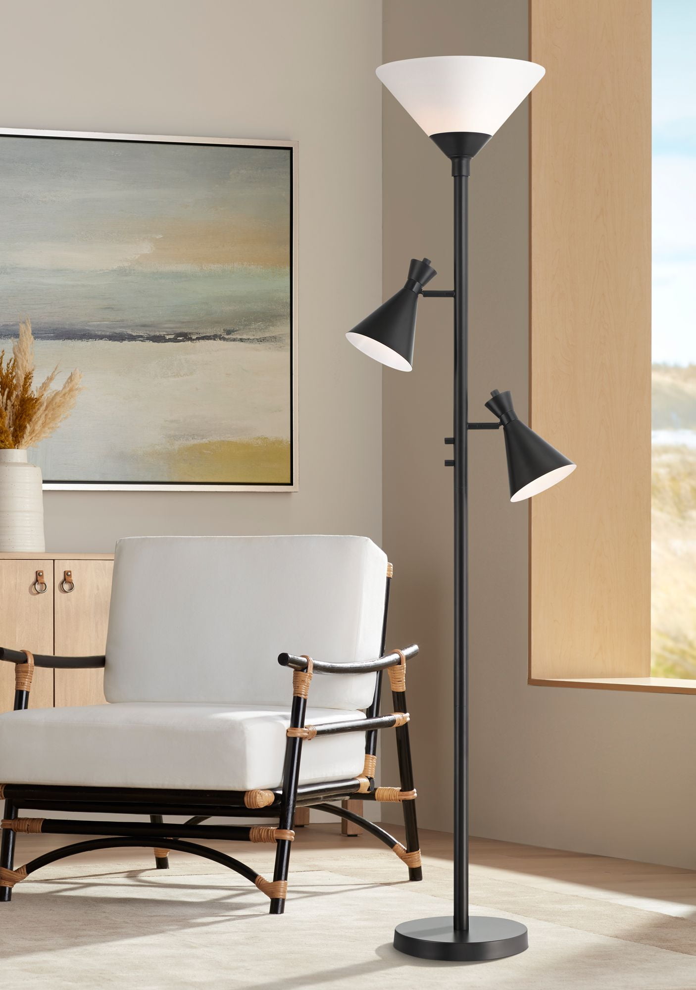 Black Adjustable Metal Torchiere Floor Lamp with Glass Shade