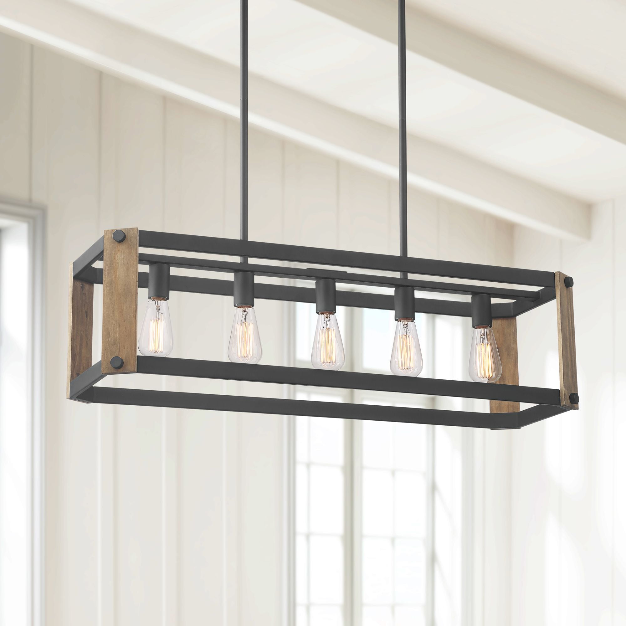Black and Ash Wood Farmhouse Linear Pendant Chandelier