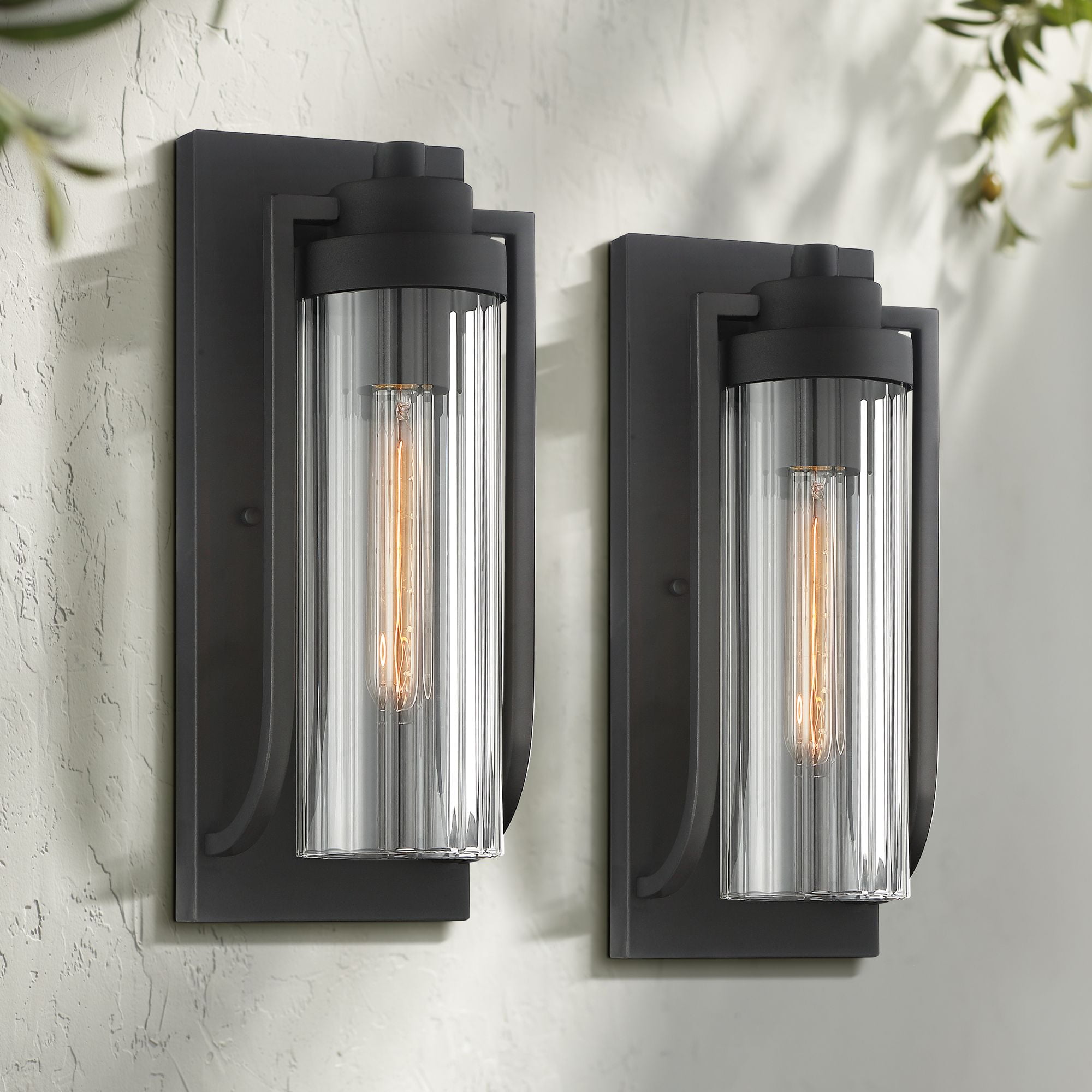 Bogota 15.5" Textured Black Outdoor Wall Lights with Clear Ribbed Glass - Set of 2