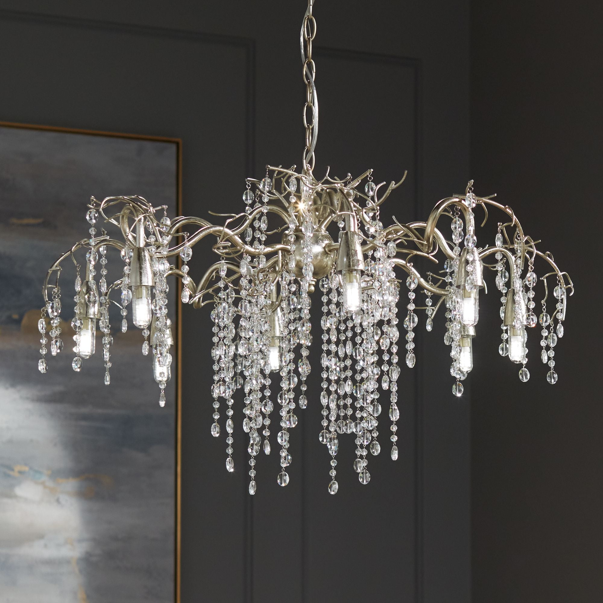 Champagne Silver Branches Chandelier with Clear Crystal Strands