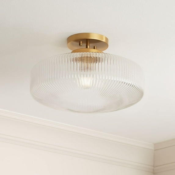 Possini Euro Design Brianna 16" Modern Semi Flush-Mount Ceiling Light Fixture Kitchen Foyer Round Warm Brass Finish Ribbed Glass
