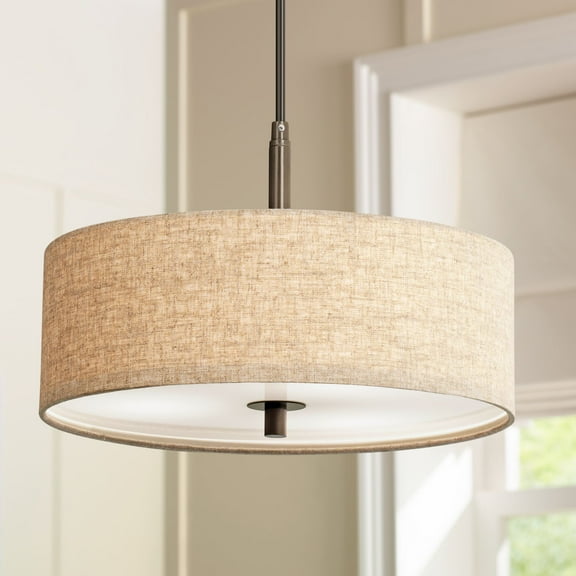 Possini Euro Design Bronze Brown Pendant Chandelier Lighting 16" Wide Modern Cream Fabric Drum Shade 3-Light Fixture for Dining Room Kitchen Island