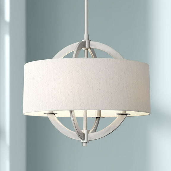 Possini Euro Design Brushed Nickel Drum Pendant Chandelier 21" Wide Modern Oatmeal Linen Shade 4-Light Fixture for Dining Room