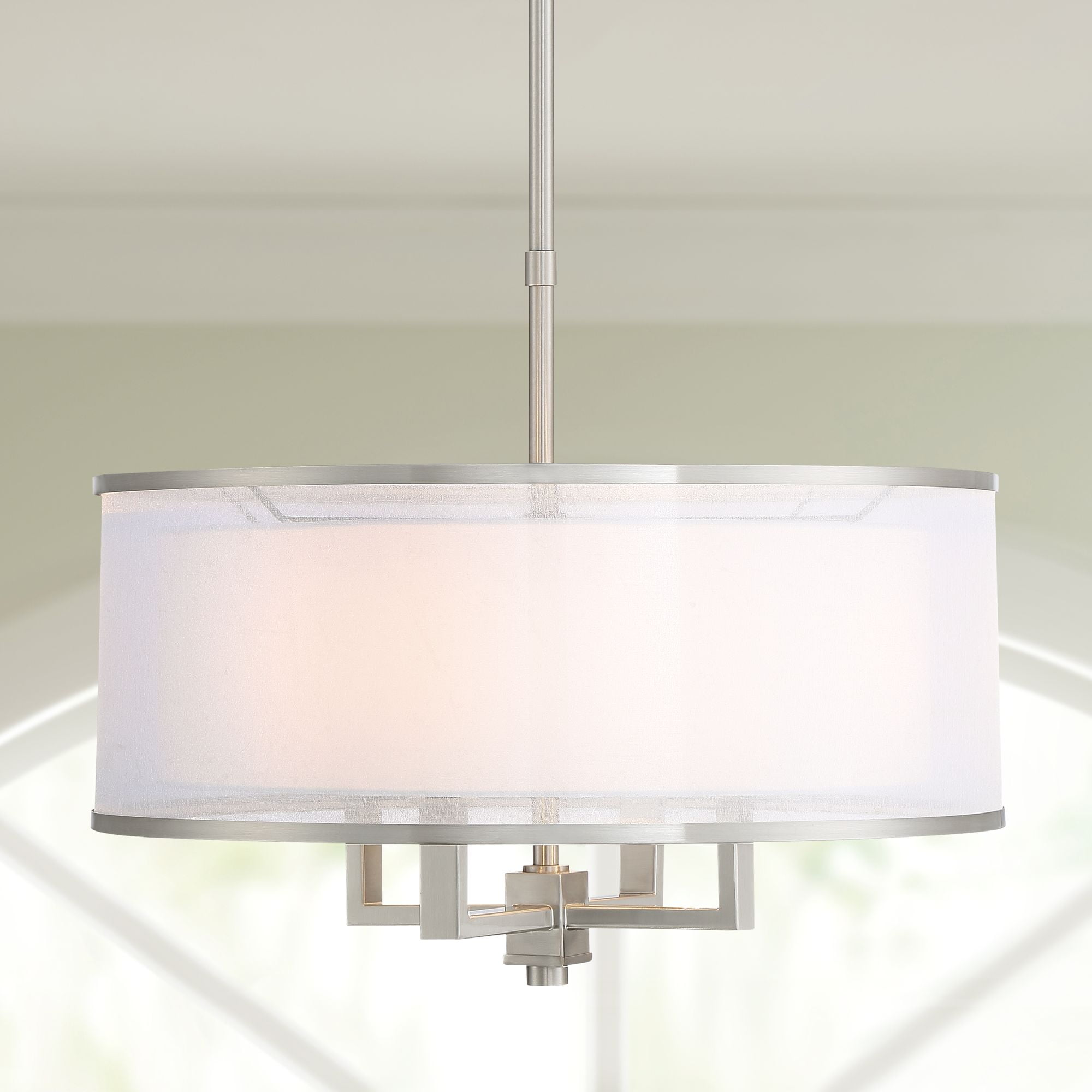 Elegant Brushed Nickel 23" Drum Pendant with Silver Organza and White Linen Shade