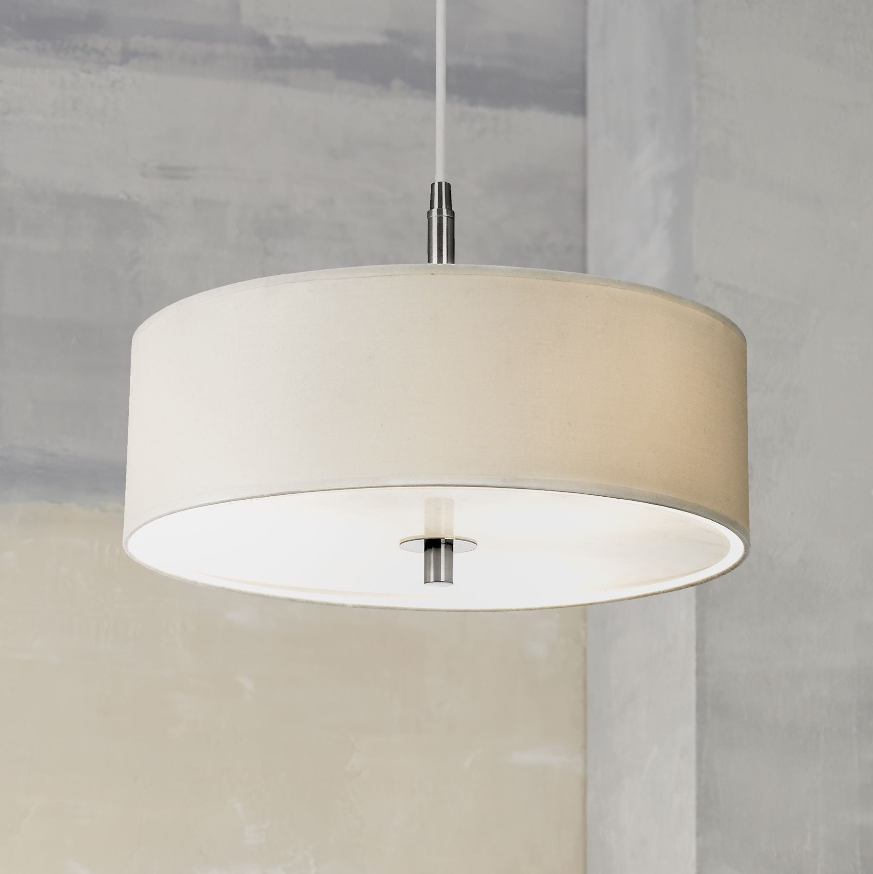 Brushed Nickel Pendant Light with White Fabric Shade, 16" Wide