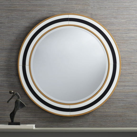 Possini Euro Design Cape Cod Round Vanity Wall Mirror Modern Beveled Glass Black White Gold Frame 31 1/2" Wide for Bathroom Home