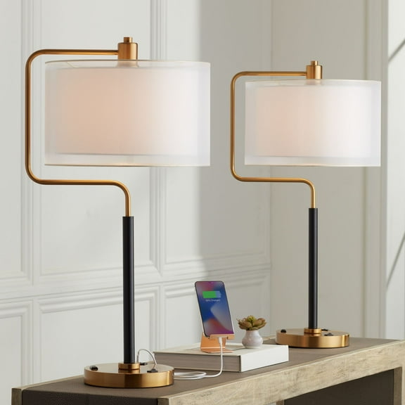 Possini Euro Design Carlyle 30 1/2" Tall Mid Century Modern Desk Lamps Set of 2 USB Port Smart Socket AC Power Outlet Black Gold Metal Charging