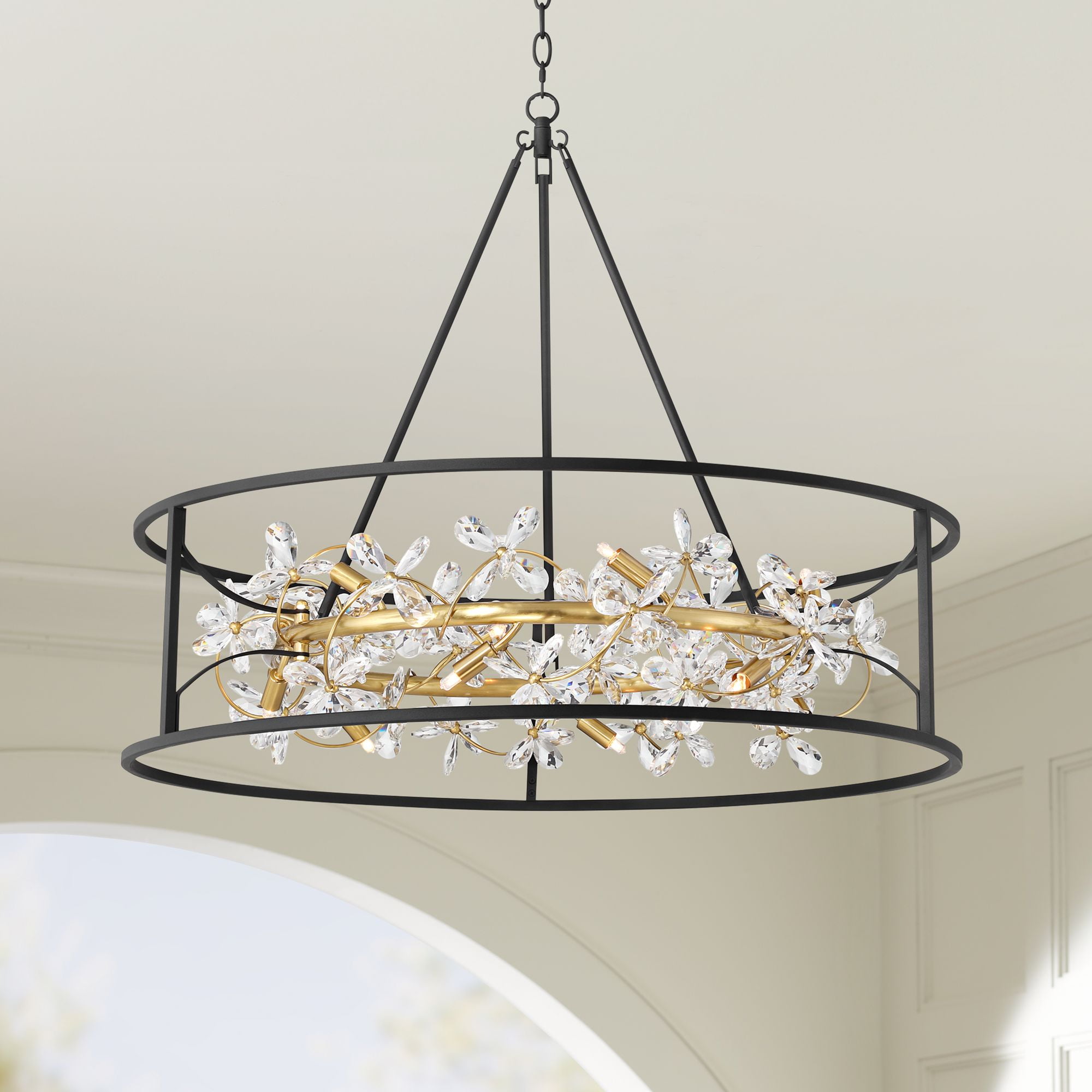Possini Euro Design Carrine 35" Modern Pendant Chandelier Ceiling Light Fixture Dining Room Over Table Ring 12-Light LED Black Gold Finish